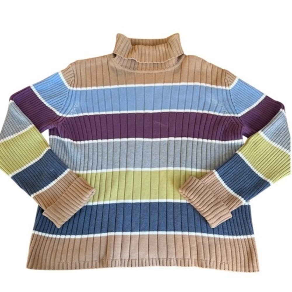 Womens Striped Turtleneck Sweater Multi Color Ribbed Knit Casual Fall Top‎